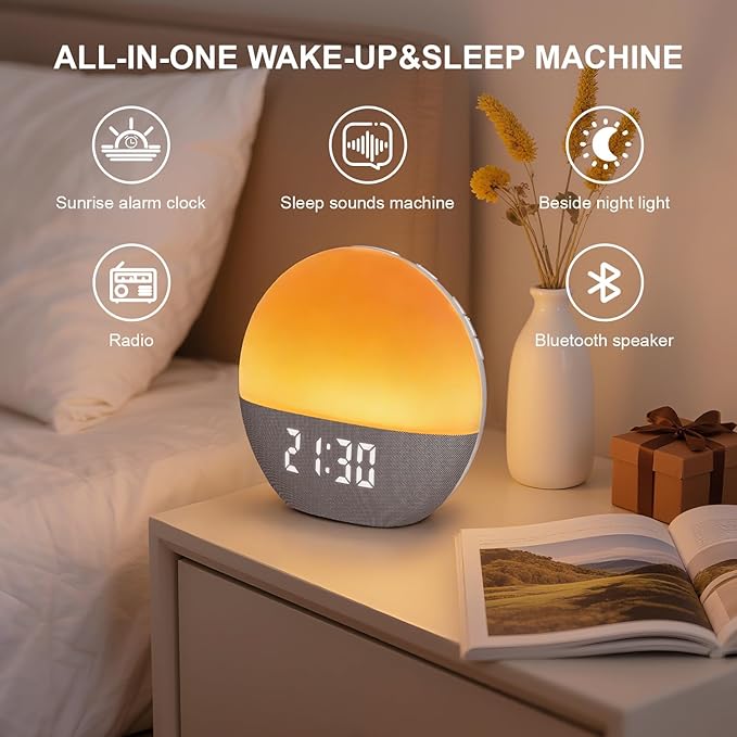 winshine Sunrise Alarm Clock with White Noise Sound Machine for Bedrooms,Sleep Sound Machine for Heavy Sleepers, with Wake Up Light,24 Sounds, FM Radio, Bluetooth Speaker, Night Light Clock for Adults