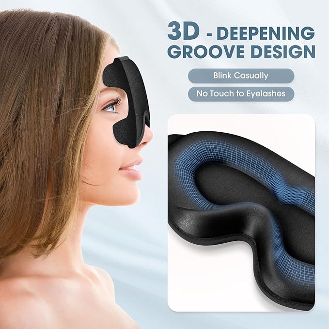 Sleep Mask | 99% Fully Block Out Light Eye Sleep Mask | Long Lash Extension | 3D Deep Contoured Eyes Cover Zero Pressure | Adjustable Straps | Sleep Travel Home Nap Rest Women Men (Black)