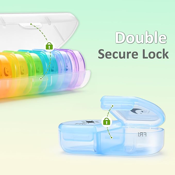 Fullicon Large Pill Organizer 2 Times a Day, Easy to Use AM PM 7 Day Pill Box, Secure Weekly Daily Pill Case, Durable Pill Container Travel, Portable Travel Medication Holder (Clear Rainbow)