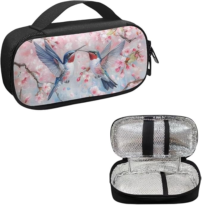 Cherry Blossom Hummingbirds Insulin Cooler Travel Case Insulated Diabetic Bag with Top Handle Medication Cooler Bag for Insulin Pens and Blood Glucose Monitor Supplies Easy to Carry