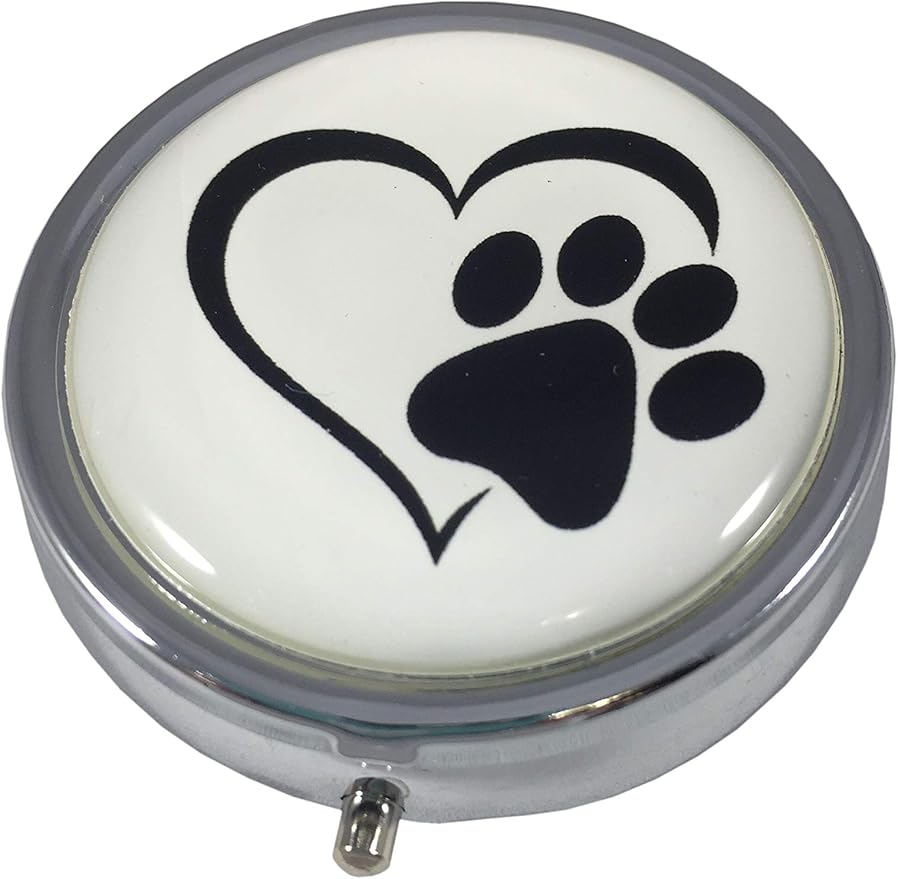 Heart with Paw Print Silver Pill Box – Round 3-Compartment Metal Pill Organizer, Compact 2-Inch Travel Pill Case for Purse or Pocket