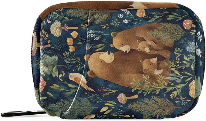Watercolor Forest Brown Bears Green Travel Pill Organizer Case Box Container Weekly Portable Vitamin Medicine Holder Storage Bag with Zipper Removable