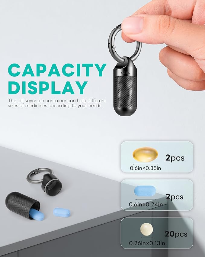 TISUR Small Pill Keychain Container, Mini Portable Titanium Keychain Pill Holder, Pocket Travel Bottle Metal Purse Box Case Black (Small Black-0.51inch)