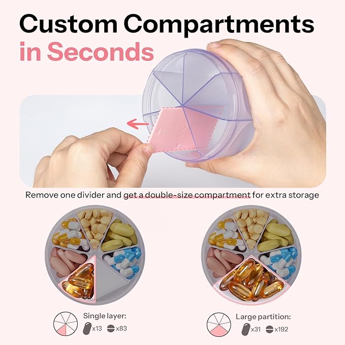 Betife Cute Pill Dispenser with 7 Extra Large Compartments, XL Portable Pill Bottle Organizer 7 Day with Wide Opening for Easy Use, Anti-Mix Pill Organizer for Travel, BPA-Free Large Pill Container