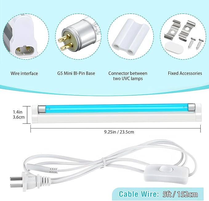 Coospider 2Pack 6W UV Light with Ozone,185nm Sanitizer Lamp with Cord and Plug, UVC Lamp for Shoes/Closet/Cabinet/Bathroom 110V CTUV-6