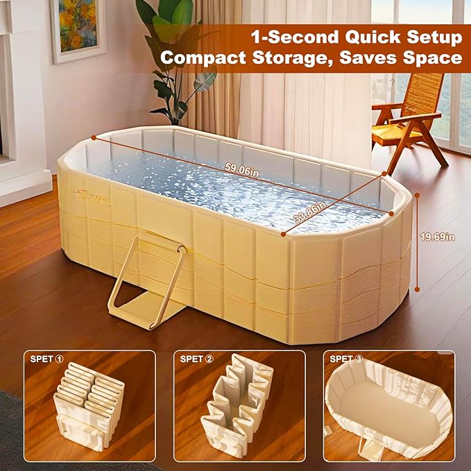Portable Bathtub for Adult 59" Large Collapsible Cold Plunge Bathtub Foldable No Installation Ice Bath Tub for Shower Stall, Bathroom Hot SPA Soaking Standing Tub