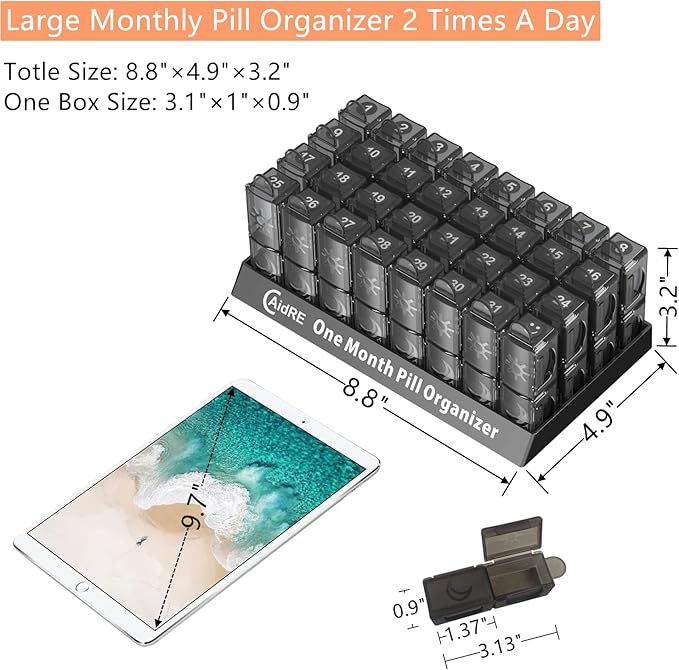 Monthly Pill Organizer 2 Times a Day, CAidRE 30 Day Pill Organizer AM PM, One Month Pill Boxes and Organizer, 31 Day Pill Organizer with Weekly Pill Holder for Fish Oil, Vitamins, Supplements, Black