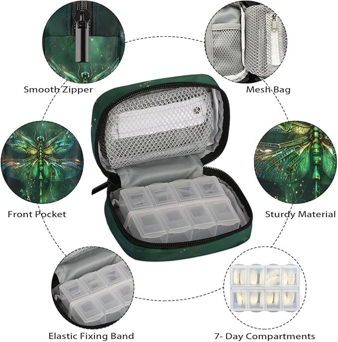 Green Dragonfly Beautiful Pill Case Travel Pill Organizer Weekly 7 Day Portable with Zipper Medicine Box Pill Case for Vitamins, Birth Control,Fish Oils,Medication, Supplements