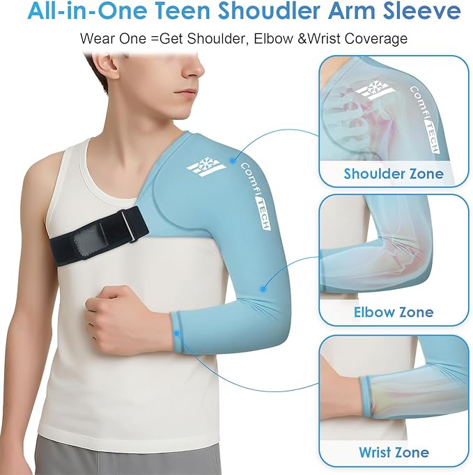ComfiTECH Youth Shoulder Arm Ice Pack Wrap for Young Pitchers, Ice Arm Sleeve for Teen Volleyball Players, Flexible Cold Application for Throwing Recovery, Elbow Joint & Muscle Comfort, Small