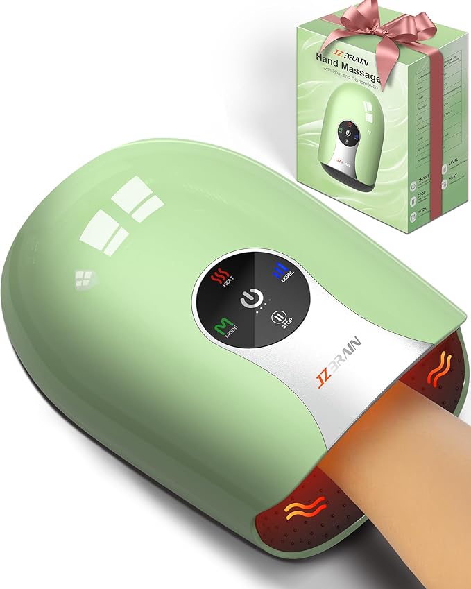 Hand Massager with Heat and Compression : Cordless Heated Hand and Wrist Massager for Palm, Fingers, and Comfort Relief – 4 Modes 6 Intensities, Portable Rechargeable, Wife Husband (Green)
