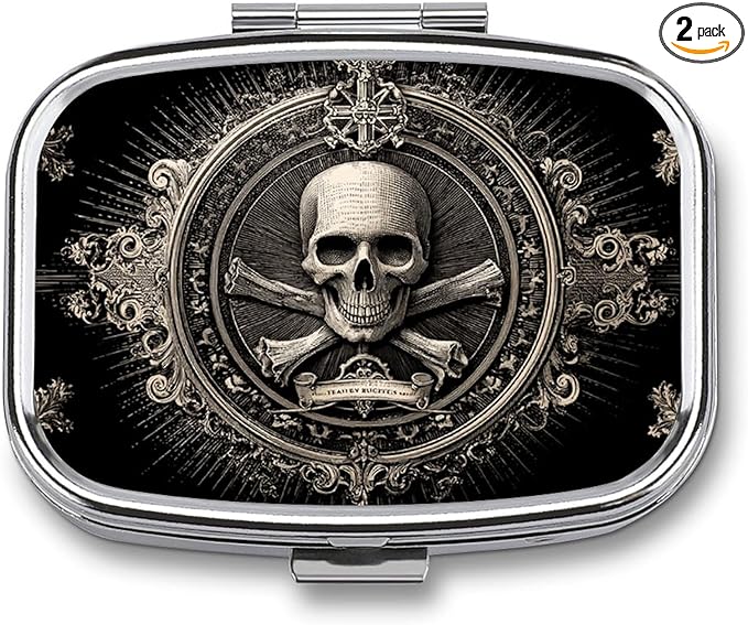 Metal 2 Compartment Pill Organizer Travel Friendly Portable Compact Pill Box Cute Pill Case,for Pocket Wallets Daily Portable Medicine Vitamin Tablet Storage (Skull)