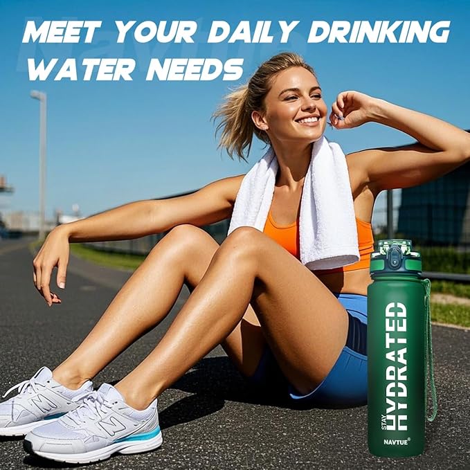 Water Bottle, 32oz Sports Water Bottles with Time Marker Wide Mouth, Motivational and Leakproof Drink Bottle, BPA Free Tritan with Carry Strap for Gym Fitness Outdoor (1 Bottle)