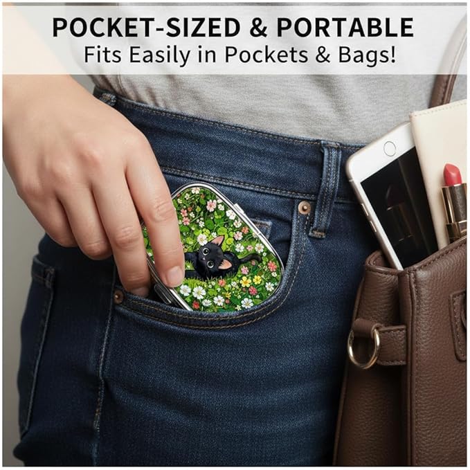 Garden Cat Pill Box 2 Compartment Small Pill Case,Portable for Pocket or Purse Pill Organizer Pill Container Holder with Mirror to Hold Vitamins, Medication, Fish Oil and Supplements
