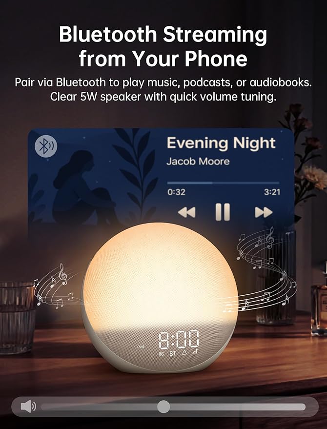 Sunrise Alarm Clock with Sound Machine: Gentle Wake Up Light & 7 Alarm Sounds for Bedroom - 3 Wake-Up Modes & 32 Volume Levels for Stress-Free Morning Putty