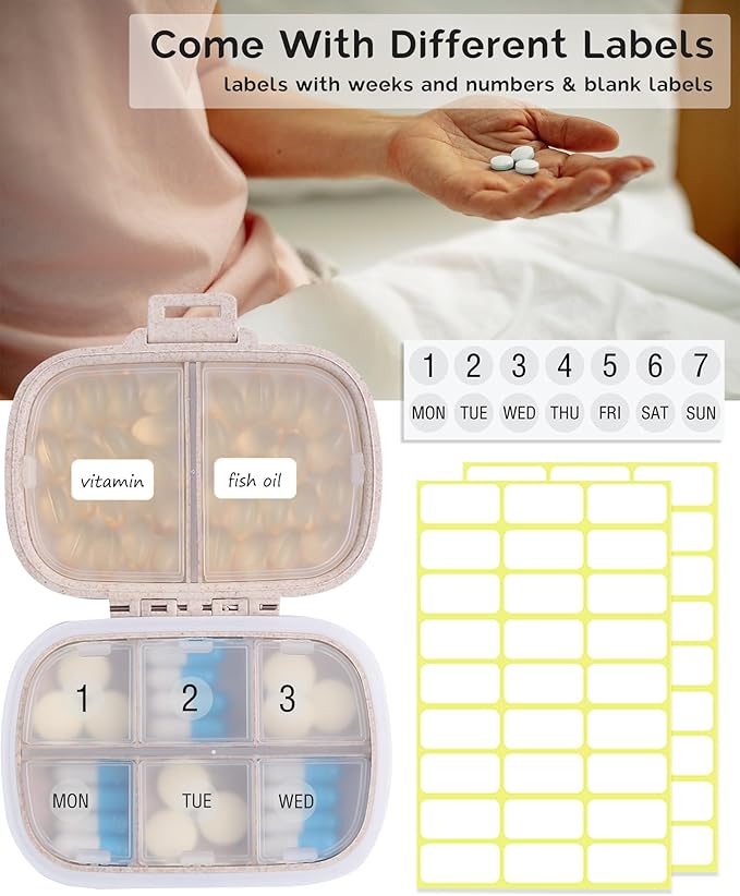 8 Compartments Travel Pill Organizer, Daily Pill Case Small Pill Box for Pocket Purse, Portable Pill Container Medicine Vitamin Organizer (Khaki)