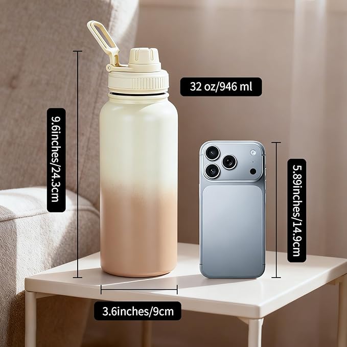 Motivational Water Bottle 32oz with Time Marker- Leakproof & BPA Free Sports Water Bottle with Straw & Carry Strap for Gym, Travel and Outdoor Sports (Stainless steel insulation-Brwom)