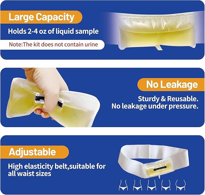 Urine Test Complete Kit - 2 oz to 4 oz Sample Bag on Belt,Portable Urine Test Bags with Temperature Strip for Used for Hospitals, Emergency and Travel