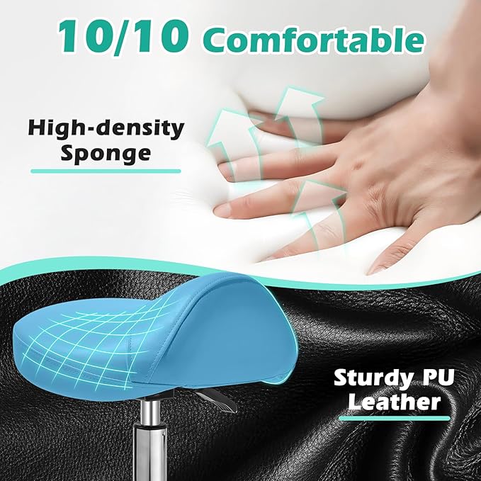 Saddle Stool with wheels Ergonomic - Heavy Duty 400lbs, Upgraded Thick Saddle Cushion, Healthy Posture Correction, Swivel Adjustable Rolling Saddle Stool, Saddle Chair for Salon Massage Home (Blue)