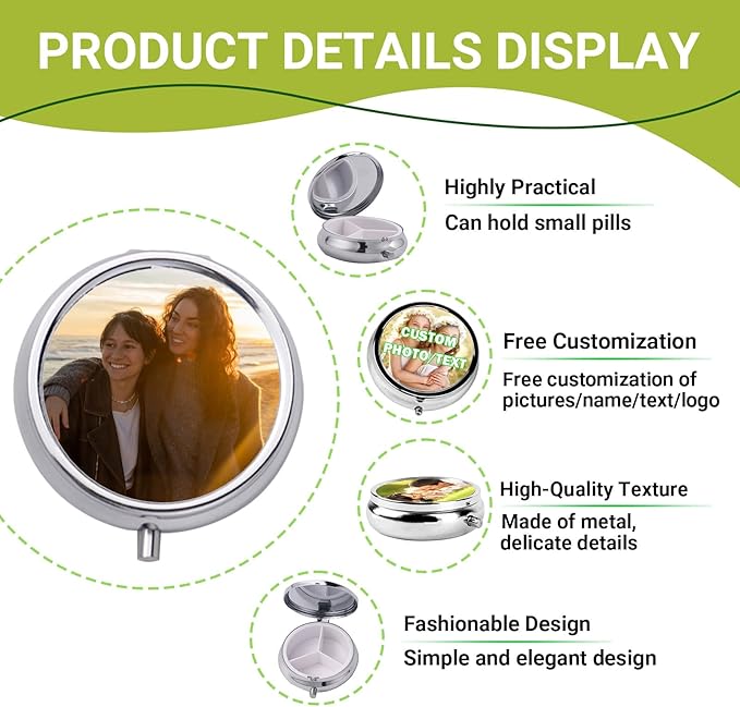 Custom Pill Box Organizer Travel With Photo,Logo,Text Personalized Metal Medicine Pill Case Waterproof Tablet Vitamin Holder Organizer for Purse Pocket Travel Gifts with Mirror&Key Rings 3 Compartment