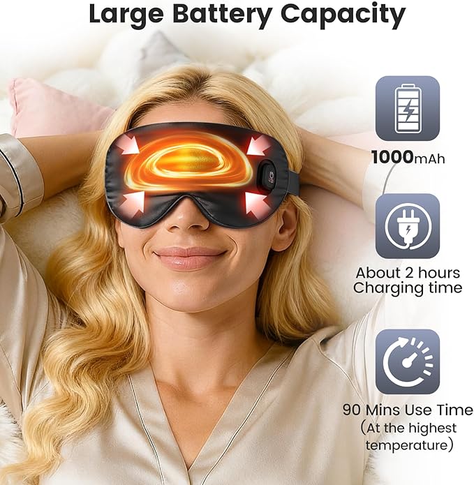 Cordless Heated Eye Mask for Dry Eyes, Electric Warm Compress Rechargeable with 3 Temperature Settings, Blocking Light Eye Heating Pad for Sleeping, Washable Silk Heat Sleep Mask, Black
