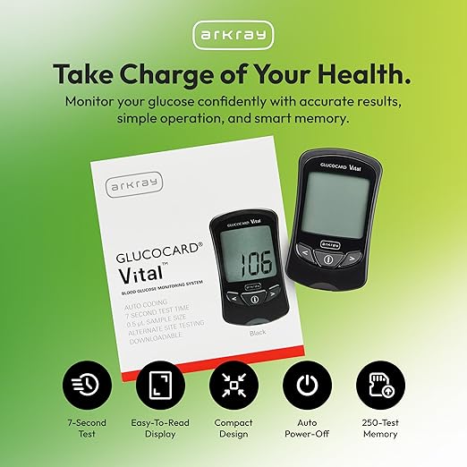 ARKRAY GLUCOCARD Vital Blood Glucose Meter Kit – Complete Glucose Monitoring System with Meter, 10 Test Strips, 10 Lancets, Control Solution, Lancing Device & Carrying Case