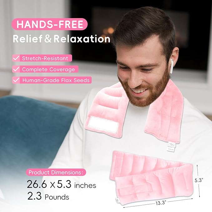 Heating Pad Microwavable and Eye Mask Set, Neck Heating Pads 26.6X5.3'' for Shoulders Back Hot Packs Pain Relief Stress Relief Warm Compress Microwave Wrap Pink Gift for Women Girls