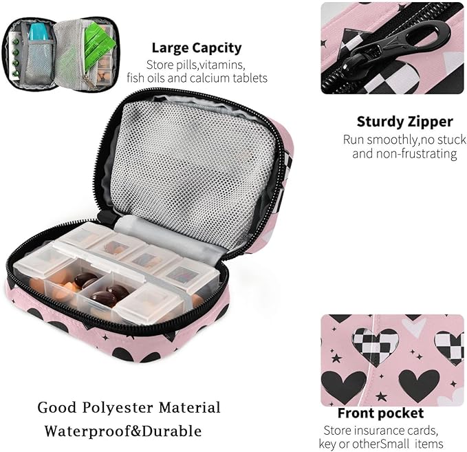 Fustylead Black and White Hearts on Pink Travel Pill Organizer Bag with Zipper Small Pill Box 7 Day Pill Case for Purse Storage Weekly Vitamin Medicine Supplement