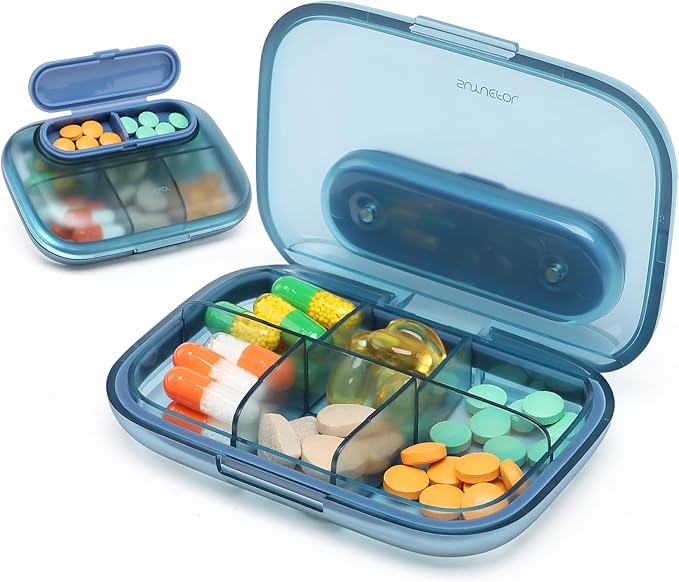 Toplive 6 Compartments Small Pill Case Travel Pill Organizer Pocket Medication Travel Case Portable Small Pill Container with Magnet Light-Proof Mini Pill Box, Blue