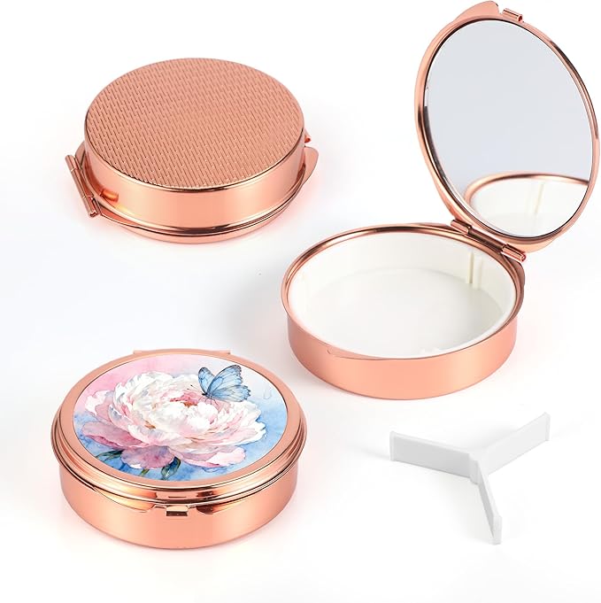 Dynippy Pill Case Pill Box with Mirror Pocket 3 Compartment Medicine Case Vitamin Pill Organizer for Pocket Purse and Travel (Round, Rose Gold-Peony Butterfly)