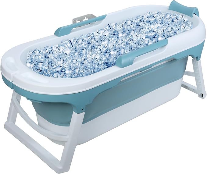 51" Portable Bathtub for Adult,Foldable Tub with Handle,Ergonomic Headrest,Soaking Tub,No Lid,Large Collapsible Bathtub for Shower Ice Bath,Hot Bath,Home Sauna, Sweat Steaming (Blue C, 141 cm)