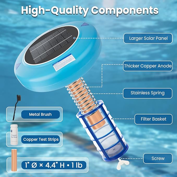 Solar Pool Ionizer – Floating Water Purifier for Pools Up to 45,000 Gallons, Large Solar Panel & Copper Anode, Clear Water with Less Effort