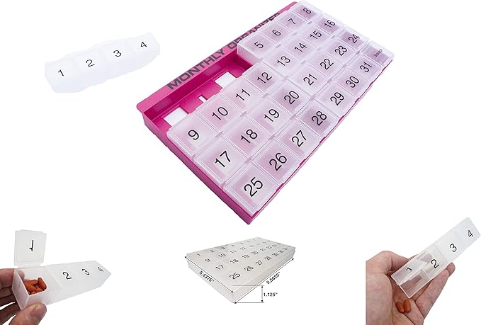 31 Day Pill Organizer | 1 per Day, 4 Week, 31 Compartments + Storage Monthly Pill Organizer | Includes Tray and 8 Removable compartments