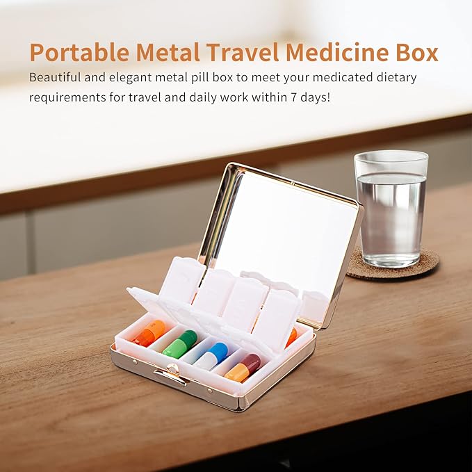 Portable Metal Travel Medicine Box with a Mirror / 8 Compartments (Gold)