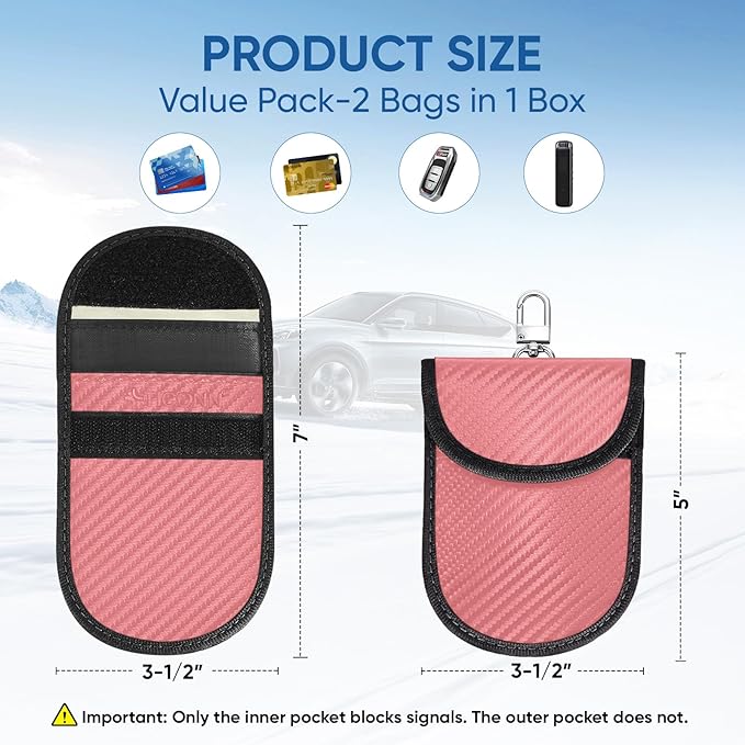 TICONN 2PK Faraday Bags for Car Keys Fob, 3.5"X5.0" Faraday Cage Protector, Car RFID Signal Blocking, Anti-Theft Pouch Anti-Hacking Case Blocker (Pink, M)