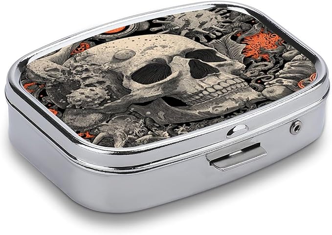 Metal Pill Organizer – 2-Compartment Pocket Pill Box for Vitamins, Supplements, Medications – Compact Travel Case (Mushroom Infestation Skull)