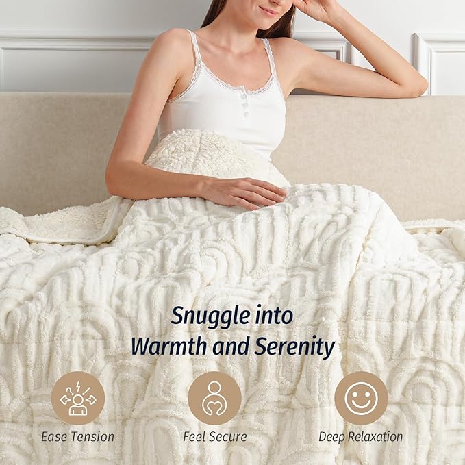 Wemore Jacquard Fleece Weighted Blanket King Size 80" x 87" 15lbs, Ultra Soft Cozy Sherpa Weighted Blankets for Adults, Ultra Fuzzy Heavy Blanket for Sleep, Fluffy Warm Throw for Bed, Cream White