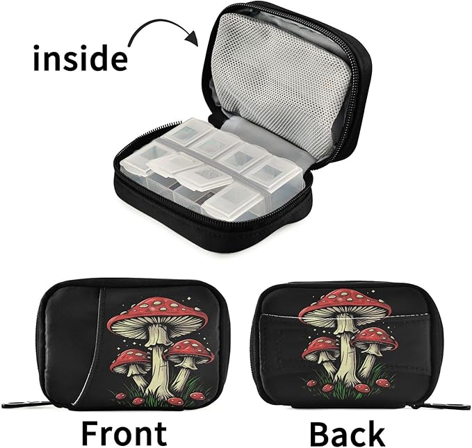 Mushroom Pill Box 7 Day Pill Case Travel Pill Organizer Bag Container for Medicine with Zipper Portable Weekly Case Compact Size for Medicine, Vitamin, Supplement