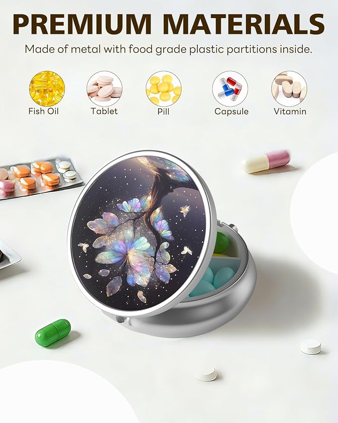 LRITER Pill Case, Portable Travel Pill Box, Pillbox Organizer, Cute Small Medicine Storage Container, Purse Accessories for Women, Men (Butterfly Tree)