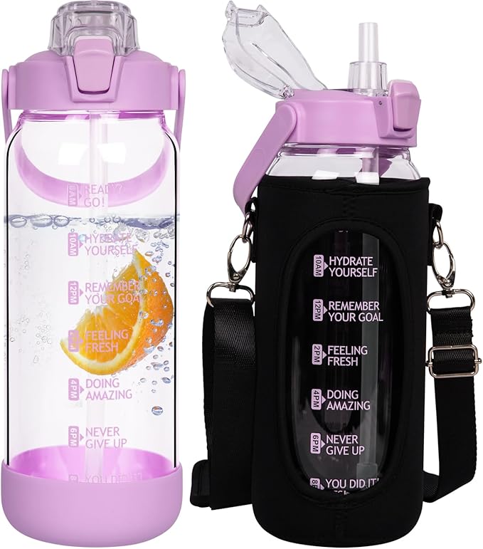 64 oz Glass Water Bottle with Straw and Time Marker, Half Gallon Large Motivational Borosilicate Glass Drinking Bottle with Silicone Boot and Sleeve