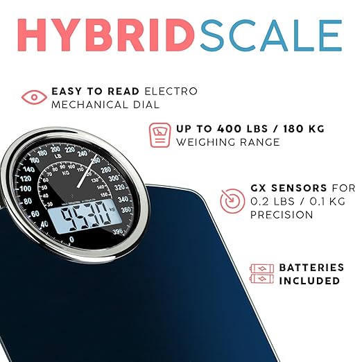 Adamson Hybrid 2-in-1 Analog & Digital Weighing Scale for Body Weight up to 400lbs - Thick Tempered Glass - Extra Large Display - Easy to Read Digital Bathroom Scale - Blue with Black Backlight