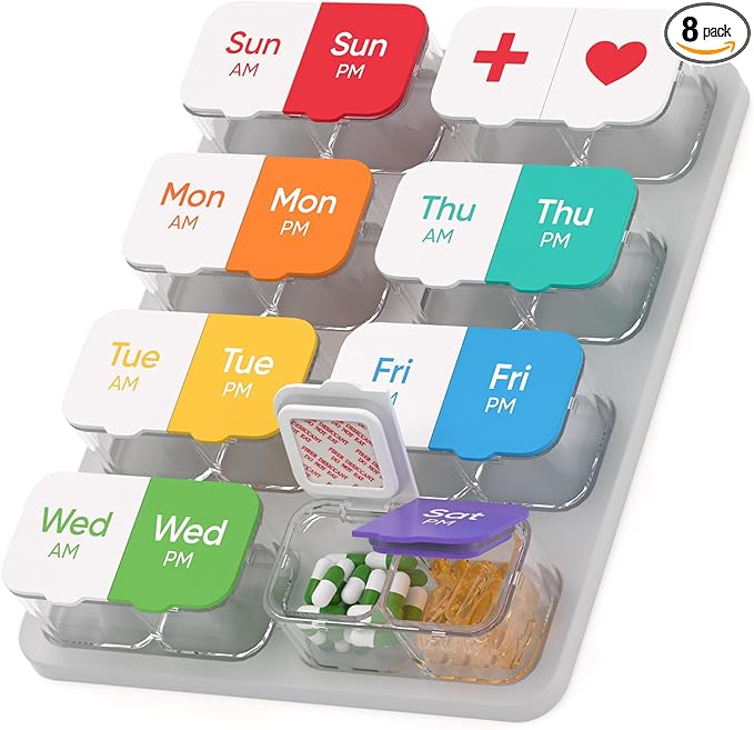 Extra Large Pill Organizer with Desiccant Pads, Moisture-Resistant & Detachable Weekly Pill Box 2 Times a Day, Wide Opening for Vitamins and Daily Pills, Easy for Seniors, Home & Travel Use