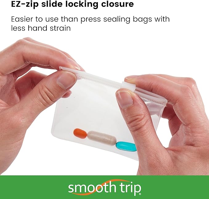 Smooth Trip Pill Bags for Travel - 8 Reusable Certified Food Grade Zip Top Pill Pouches for Medicine, Vitamins, Snacks and Accessories - Larger 3.25 x 3.5 Size