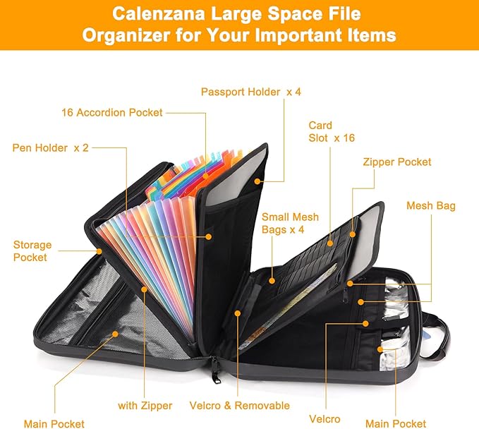 Calenzana Fireproof Document Boxes with TSA Lock, Upgraded 16 Pockets Fireproof＆Water Resistant File Organizer, Hard-Shell Safe Box for Important Certificates, Passport, Laptop