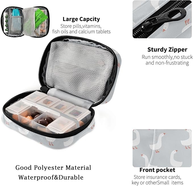 Fustylead Hand Drawn Cute Cartoon Goose Pill Organizer Travel Portable Zipper Cloth Bag for Holding Weekly Supplements Vitamins and Fish Oils