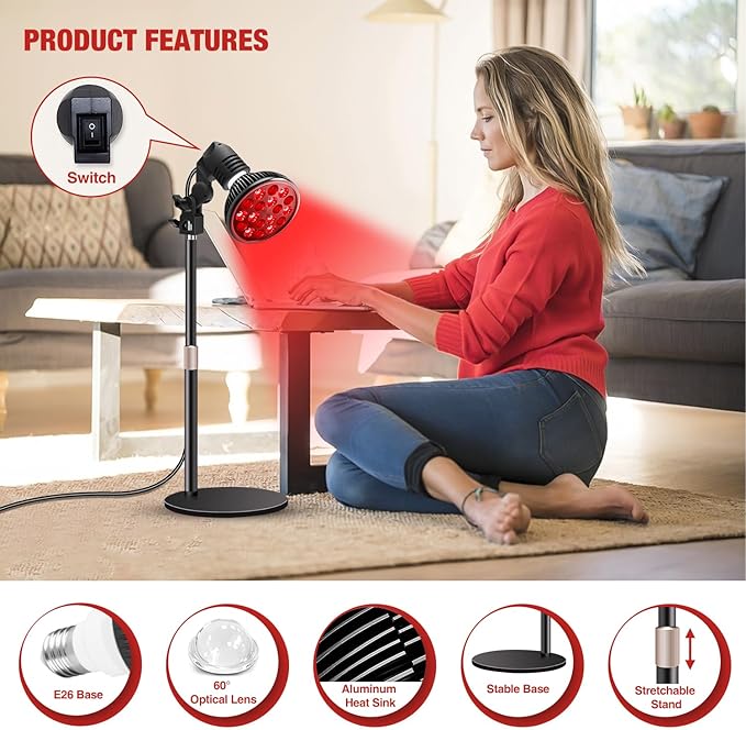 Red Light Therapy Lamp with 16.5 inch Adjustable Stand, 660nm Red Light and 850nm Near Infrared Light Combo for Face and Body Use