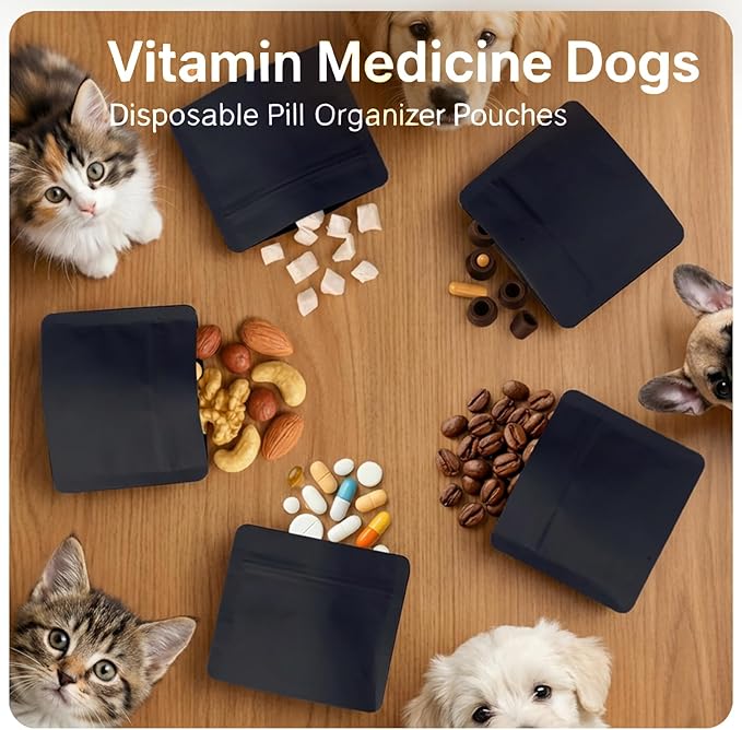Reusable Pet Pill Pouches for Light Medicine,- 200pcs Capacitywith Zippered Seal, Zippered Medicine Bags with Fun Labels,Waterproof for Medications, Vitamins, Treats (White Dog)