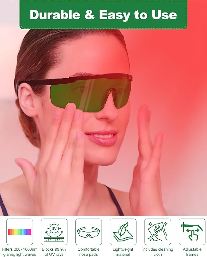 LIGHTMEUP Red Light Therapy Glasses Eye Protection for Infrared & LED Sessions Deep Green Goggles with 200-2000nm Harmful Wavelength Blocking, Maintain Visibility Full-Coverage Adjustable Leg 2 Pairs