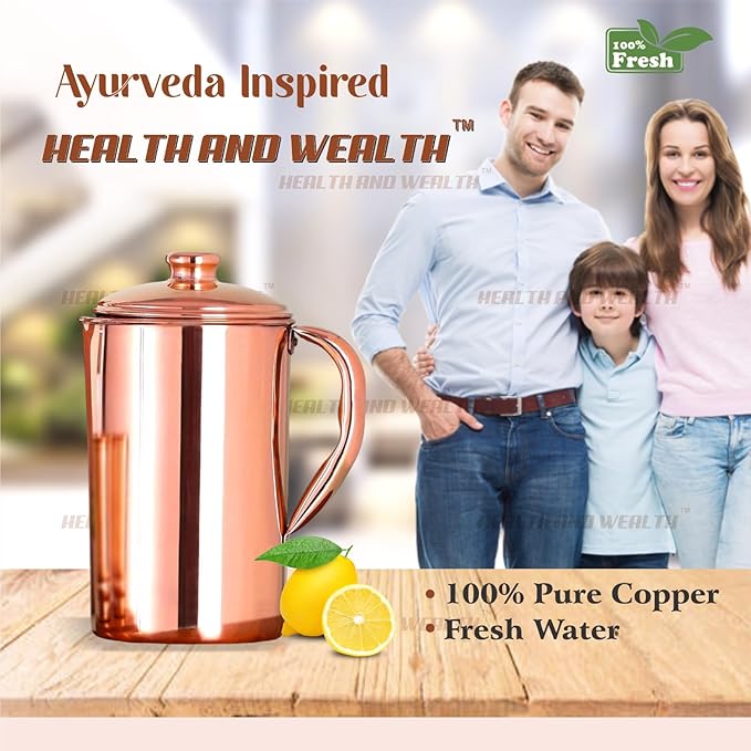 Pure Copper Pitcher for Ayurvedic Health Benefits 1.5 liter Handcrafted Copper Water Jug with Matching Lid | for Ayurveda Health Benefits (50.7 US Fluid Ounce)