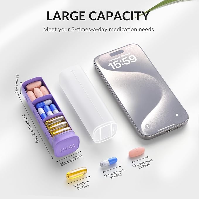 Weekly Pill Organizer 3X a Day, Detachable Pill Box 7 Day, Large 3 Times Daily Pill Case, Travel Pill Container Holder, Week Medication Dispenser Pillbox for Vitamin Supplement Medicine, Purple