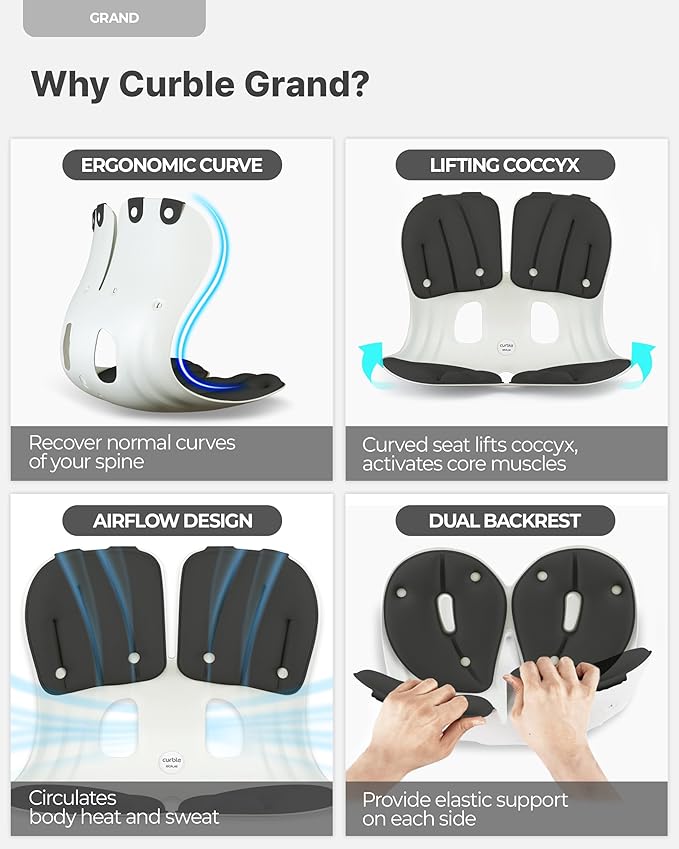Curble GRAND(Extra Wide & Sturdy) – Ergonomic Chair Back Support, Lumbar Support for Good Posture Correction and Back Pain Relief, Perfect for Office Chair, Floor Seat, Work from Home, Patented(Black)